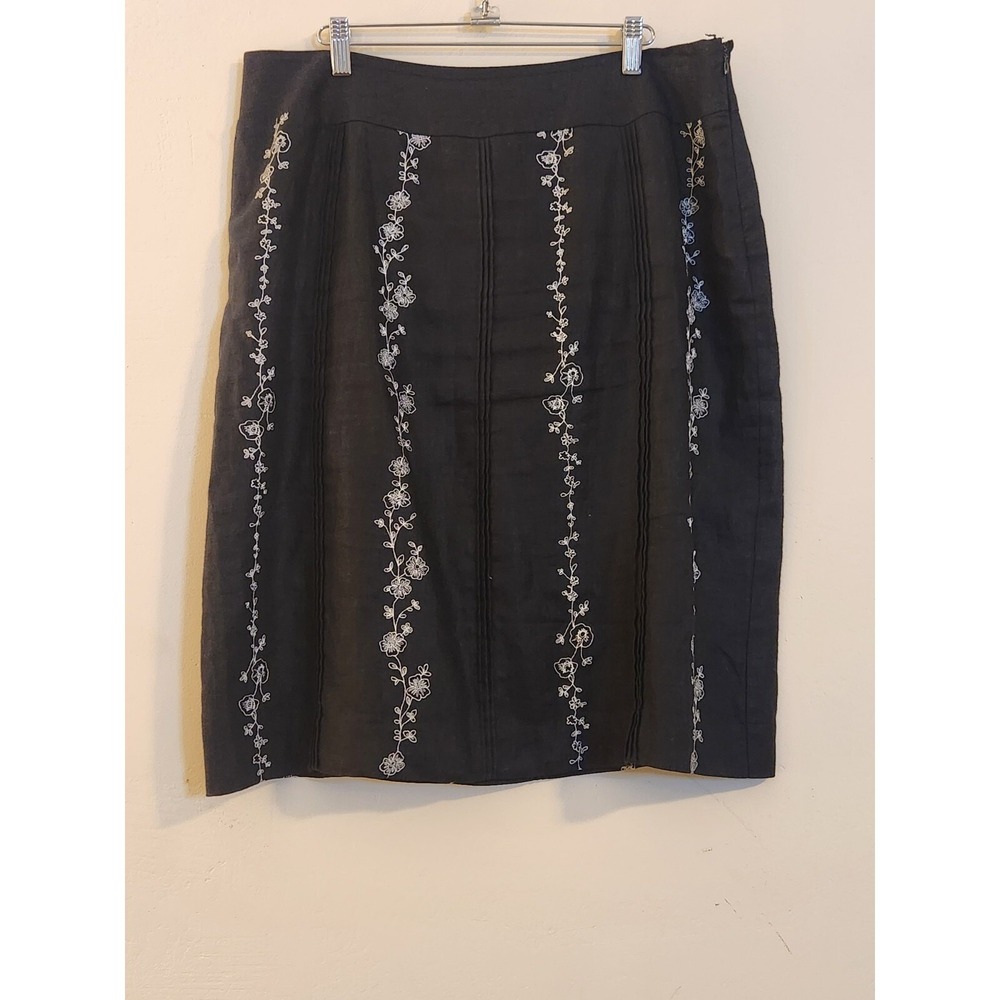 Style & Co Black Linen Floral Embroidered Pintuck Pencil Skirt Size 14